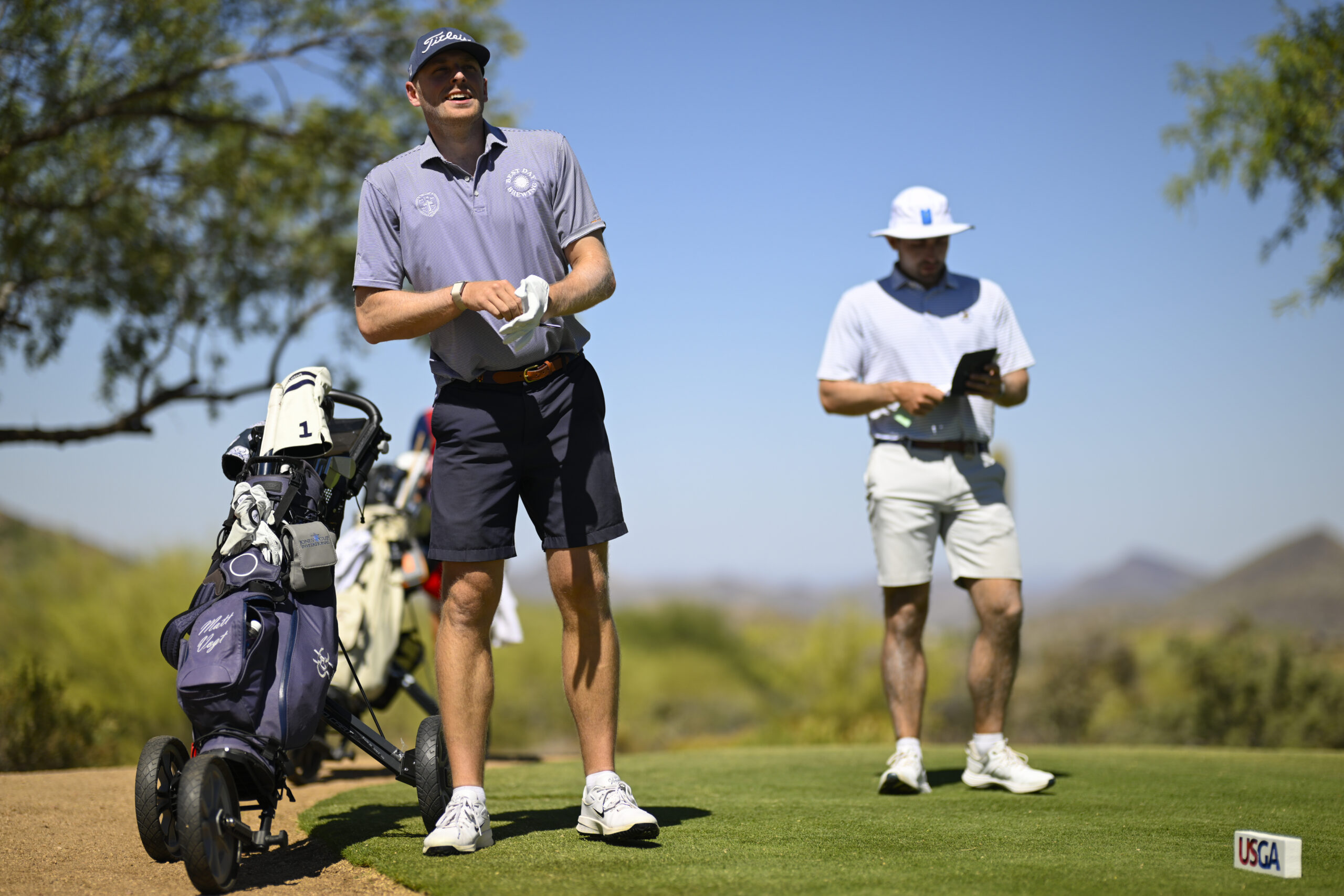 Matt Vogt and Kevin O'Brien on the fourth hole during the first round of stroke play of the 2026 U.S. Amateur Four-Ball at Desert Mountain Club (Outlaw) in Scottsdale, Ariz. on Saturday, May 16, 2026. (Eakin Howard/USGA)