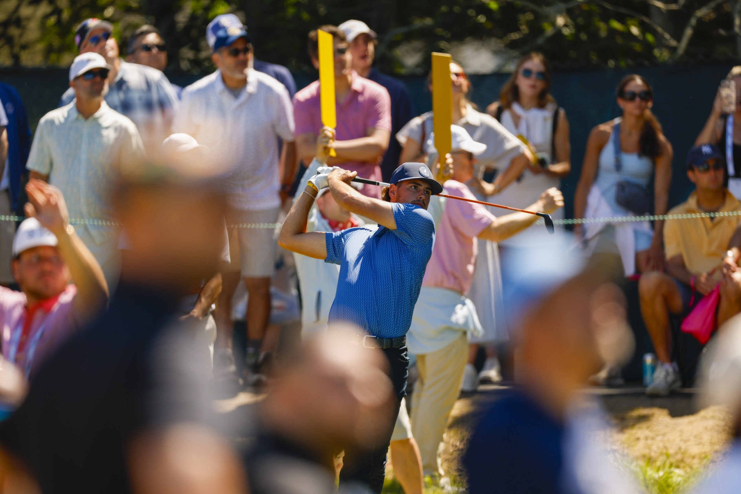 Jake Sollon plays his tee shot on the second hole during a practice round ahead of the 2026 U.S. Open at Shinnecock Hills Golf Club in Southampton, N.Y. on Tuesday, June 16, 2026. (Chris Keane/USGA)