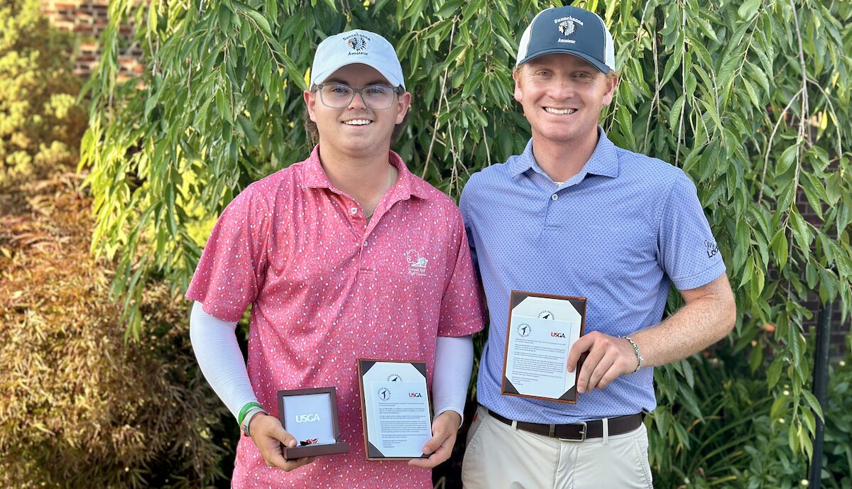 Ryan Bilby and J.F. Aber after advancing in qualifying for the U.S. Amateur Championship at Sunnehanna Country Club