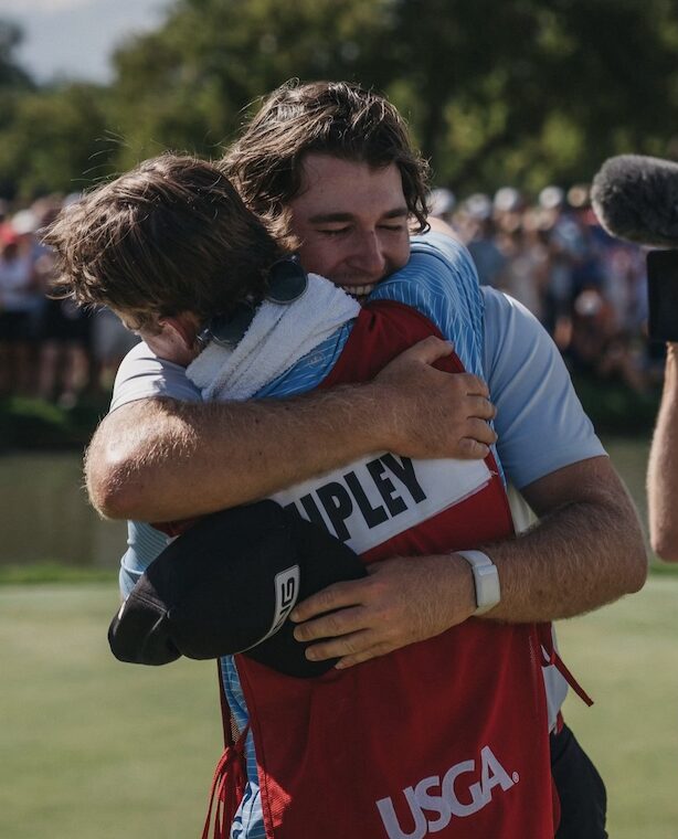Neal Shipley with caddie, Carter Pitcairn, after winning his semi-final match in the U.S. Amateur. Photo courtesy of Back of the Range.