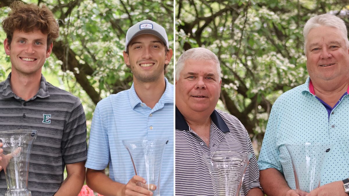 Brand Foursomes champions Zander Gibson and Jack Urban (L), and Semple Century Foursomes champions Arnie Cutrell and Jeff Hovanec (R).