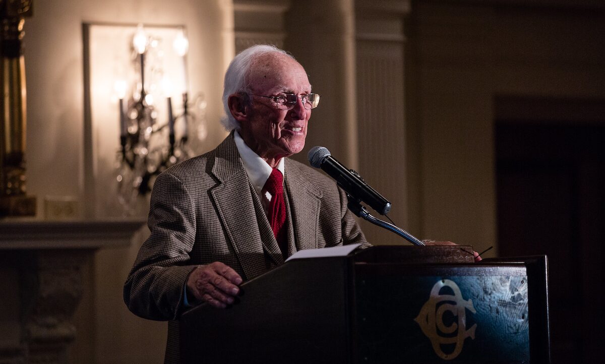 Jim Ferree speaking during his induction into the Western Pennsylvania Golf Hall of Fame at Oakmont Country Club.