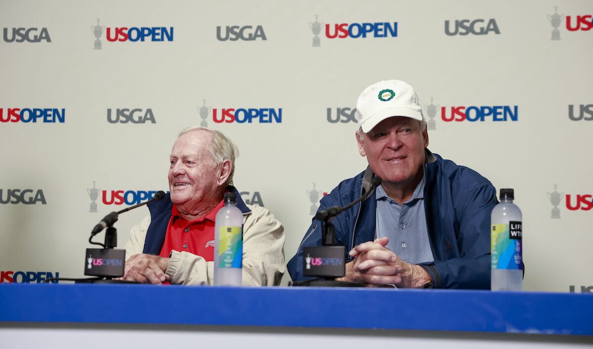 Jack Nicklaus and Johnny Miller as seen at a press conference during the third round of the 2025 U.S. Open at Oakmont Country Club in Oakmont, Pa. on Saturday, June 14, 2025. Photo courtesy Jason E. Miczek/USG)